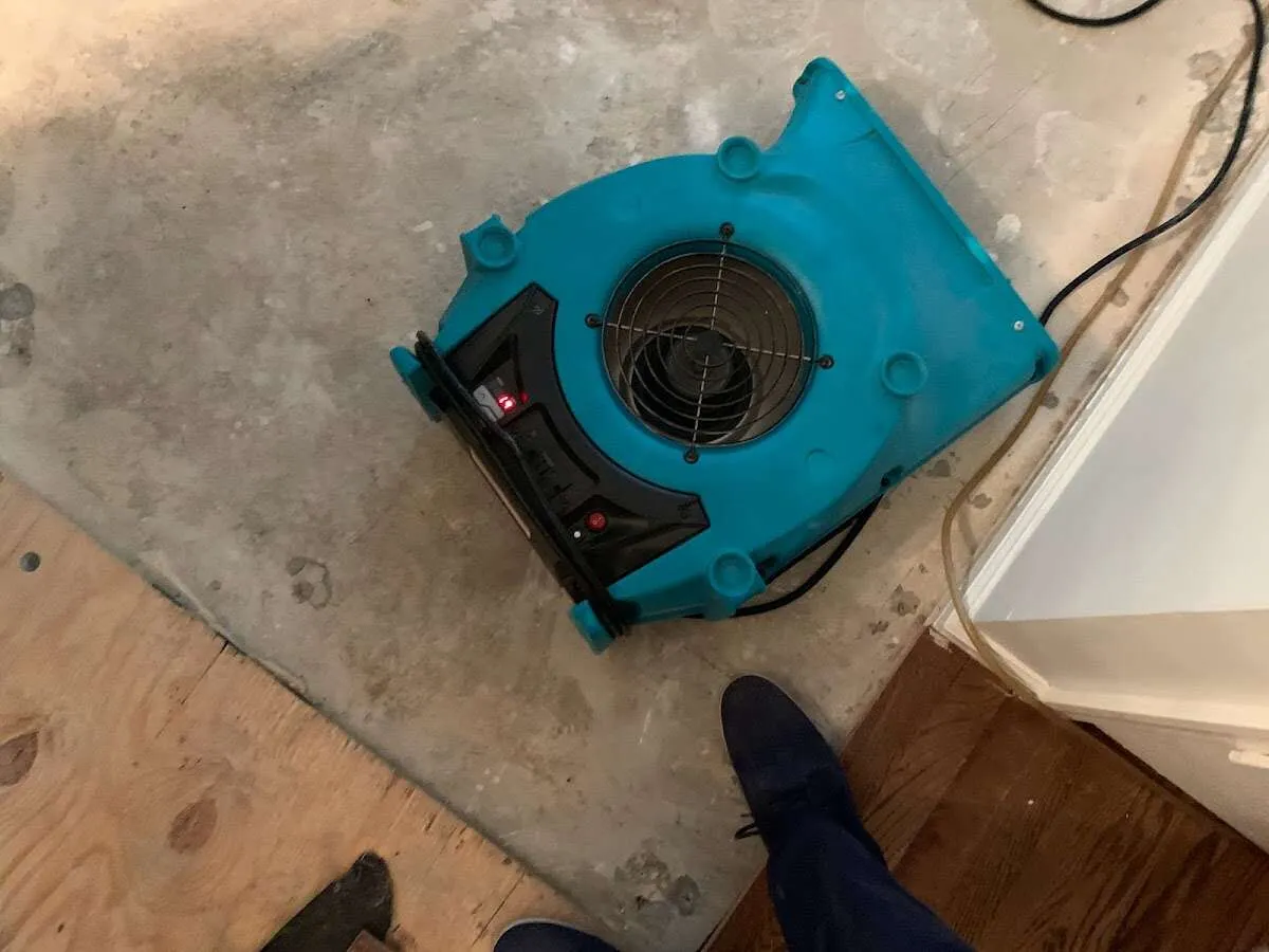 Air mover drying subfloor during Leak Detection & Repair in Red Bank